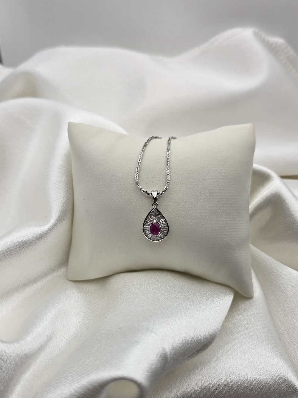Elegant Sterling Silver 925 Baguette CZ Halo Teardrop Red Ruby Necklace